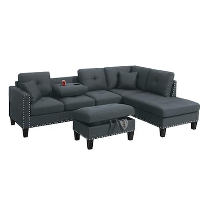 3 Piece Linen-Like Fabric Sectional Sofa Set with Storage Ottoman