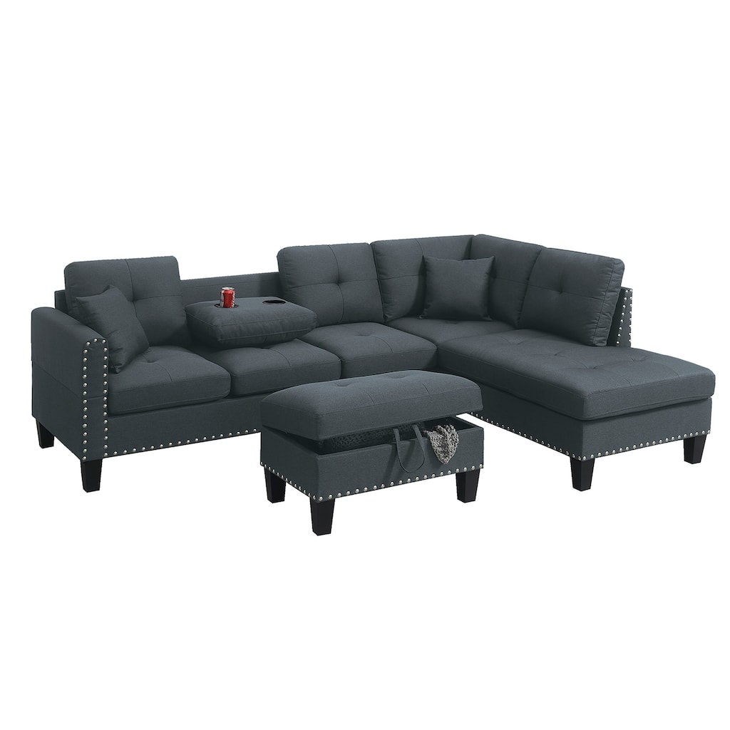 3 Piece Linen-Like Fabric Sectional Sofa Set with Storage Ottoman