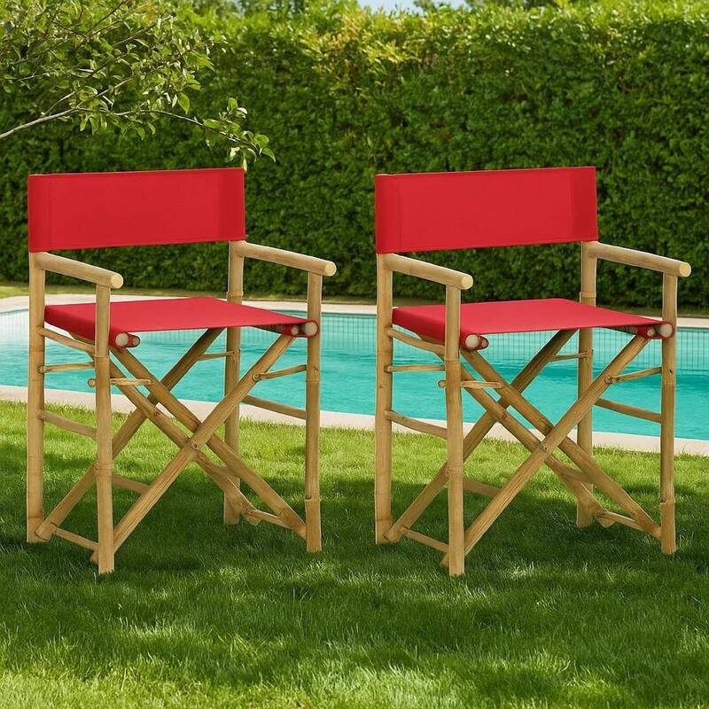 Outdoor Foldable Accent Chair Set of 2, Red Fabric, Brown Bamboo