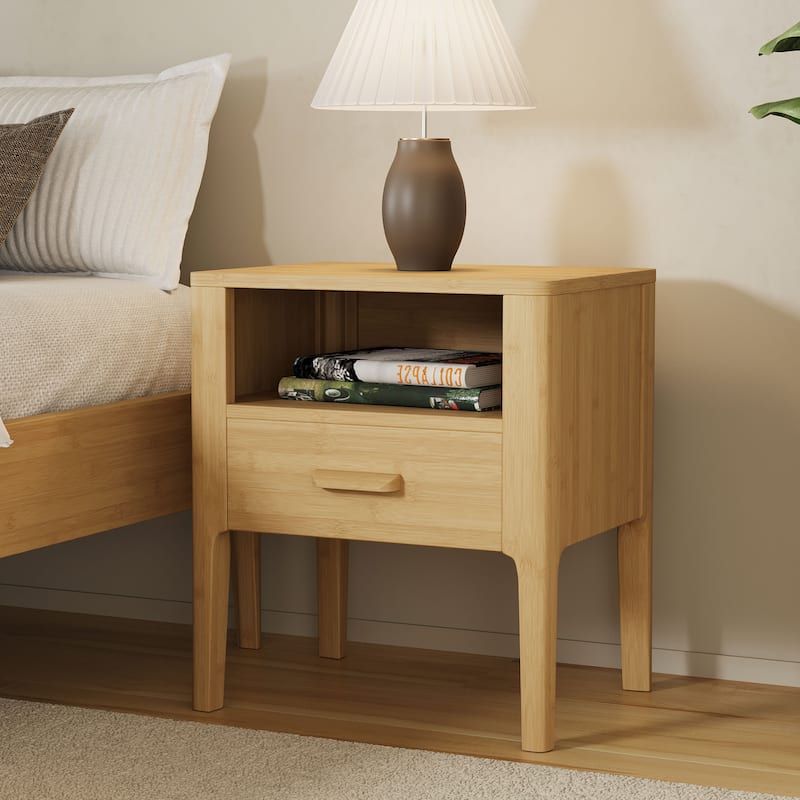 GDFStudio - Miri Mid-Century Modern Solid Bamboo Wood Nightstand with Drawer & Open Shelf, Softly Curved Edges Design