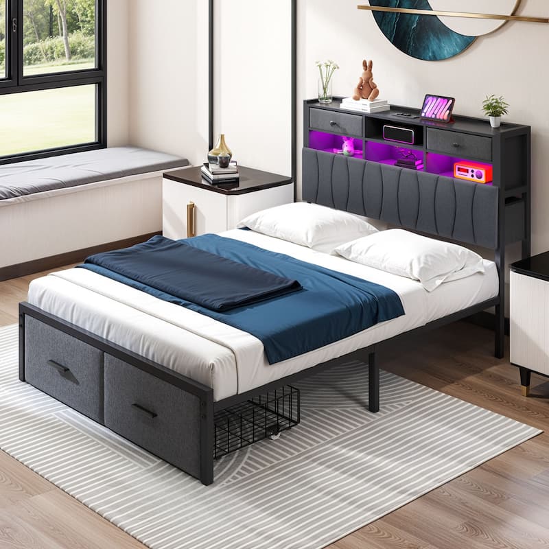 Moasis Linen Upholstered Platform Bed, Bed Frame with Hidden Storage Headboard and Charging Station - Grey - Full