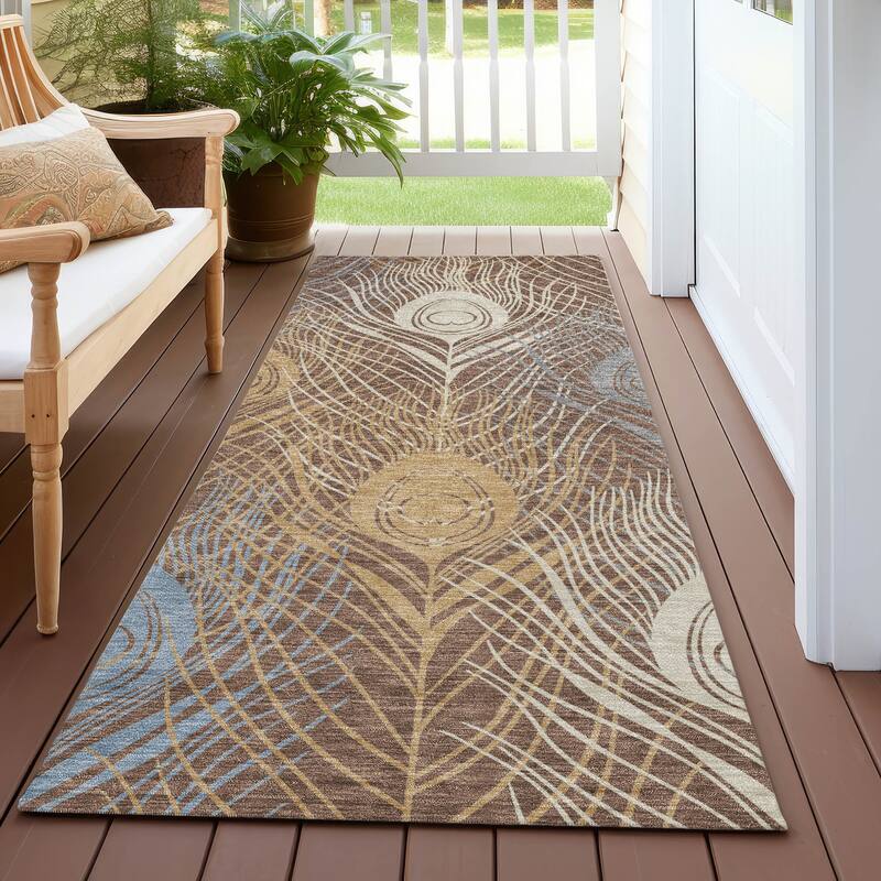 Machine Washable Indoor/ Outdoor Modern Peacock Chantille Rug - Brown - 2'3" x 7'6"