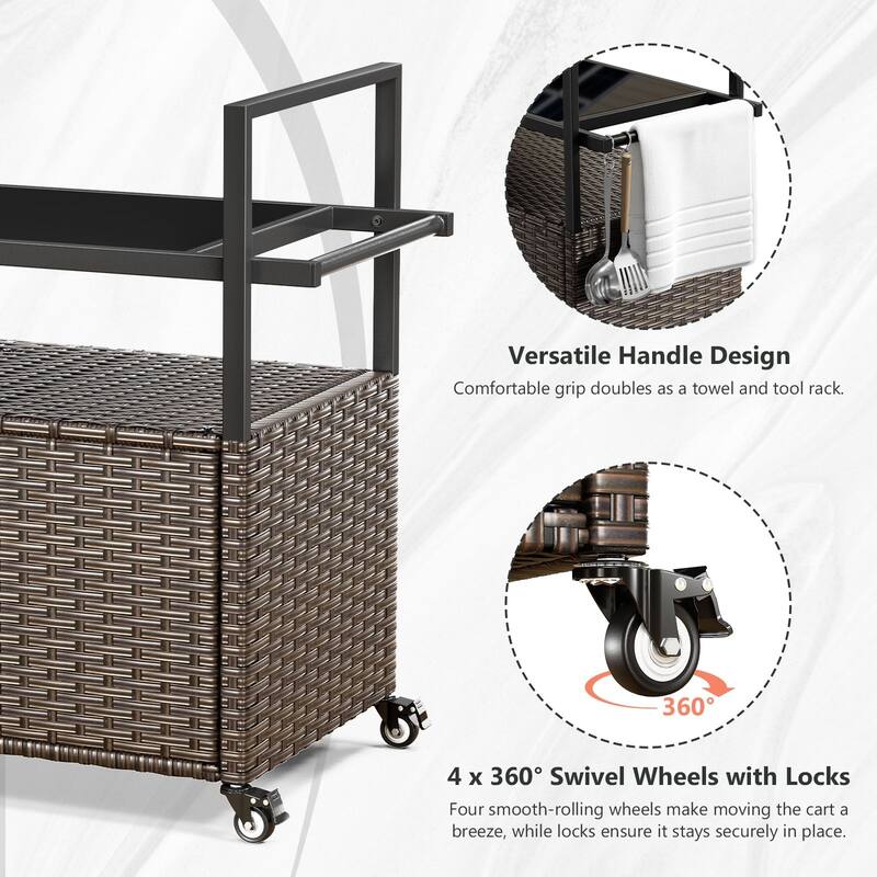Outdoor 49.2" PE Wicker Bar Cart with Cabinet Patio Serving Cart with Tempered Glass Top