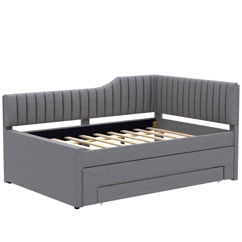 Upholstered Linen Bed Frame, Full Size Daybed with Pull-out Trundle and Storage Three Drawers for Bedroom/Apartment