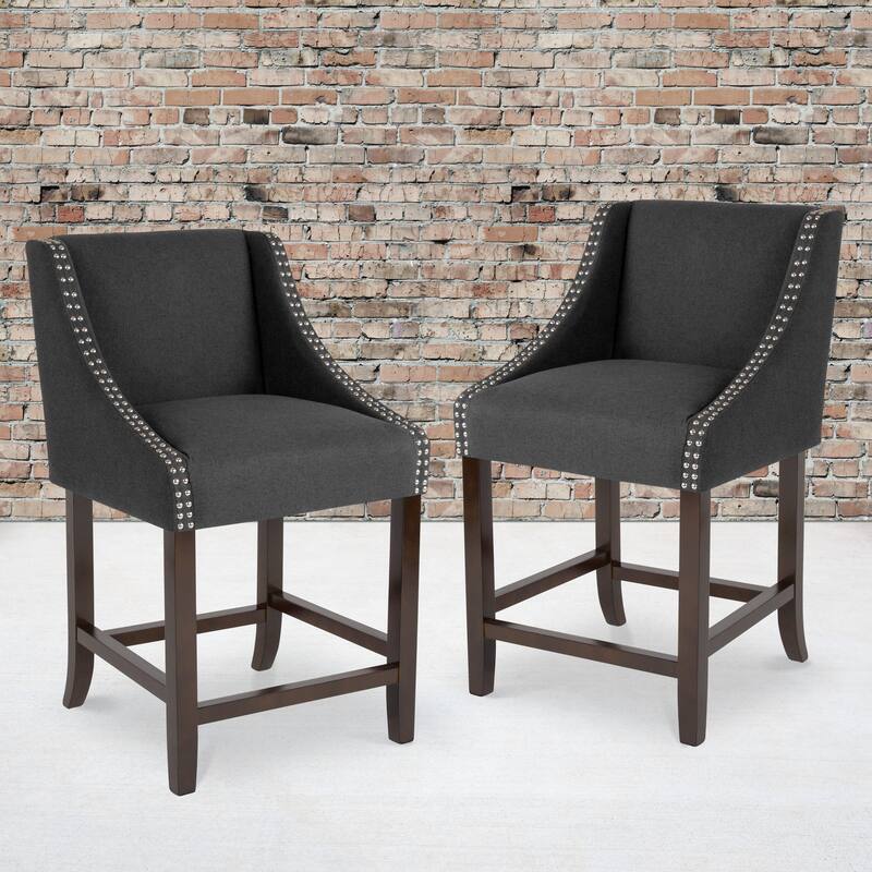 24-inch Transitional Curved Walnut Counter Height Stools (Set of 2) - 20"W x 22"D x 36"H - Black Fabric