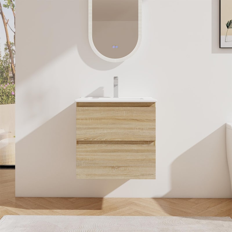 Bathroom Vanity With Sink In 24/30/36 Inch, Floating Bathroom Vanity With Soft Close Drawer - Light Oak - 24''W×18.3''D×20.5''H