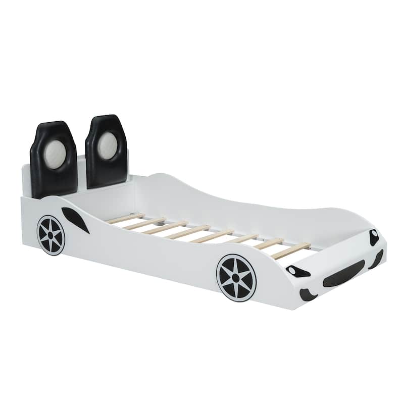 White Twin Size Race Car Platform Bed with LED Backrest