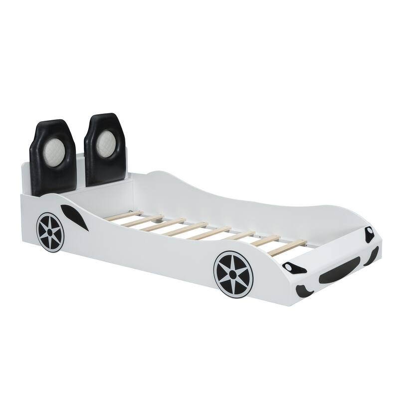 Wood Twin Size Race Car-Shaped Platform Bed With Led And Upholstered Backrest