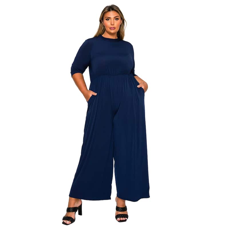 L I V D Women's Plus Size Summer Wide Leg Pocket Jumpsuit - Navy - 1X