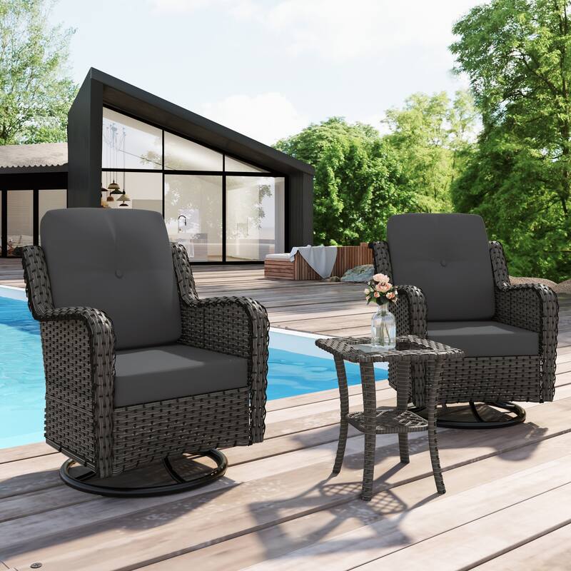 Outdoor 3 Pieces Rattan Wicker Bistro Set Swivel Rocker With Cushion & Table