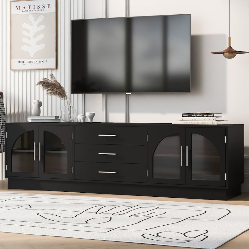 68.9" Glass TV Stand with Arched Design and 3 Drawers