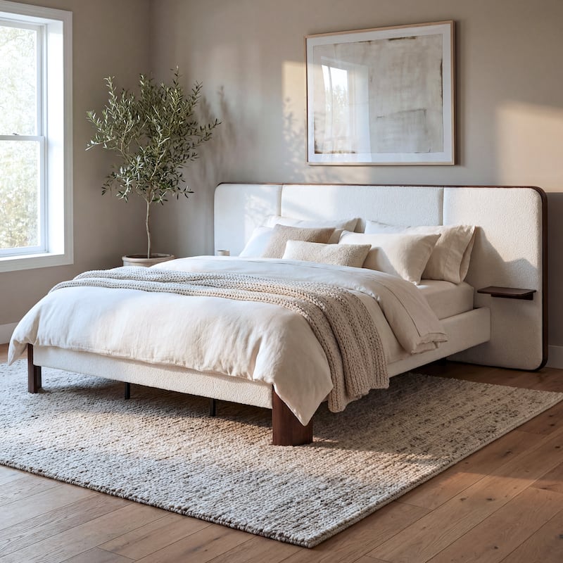 Christopher Knight Home - Modern Boucle Upholstered Platform Bed with Built-In Floating Shelves - Brown+White