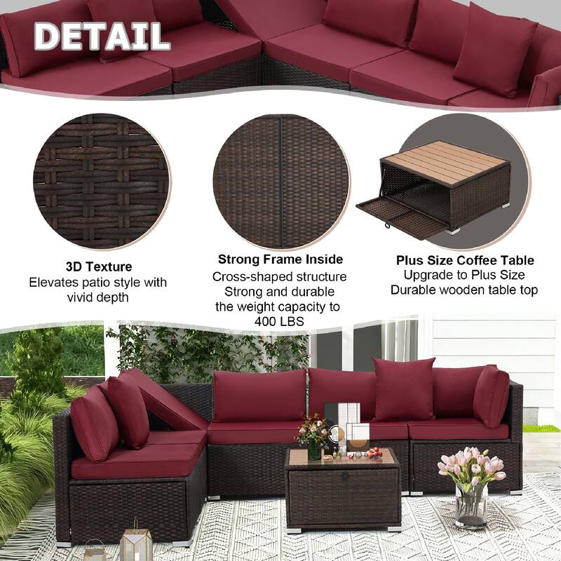 EROMMY 6/7 Piece Modular Outdoor Rattan Sofa Set, All-Weather Wicker Patio Furniture with Storage Table, Cushions & Pillows