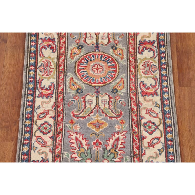Traditional Kazak Runner Rug Hand-Knotted Grey Wool Carpet - 2'1" x 5'10"