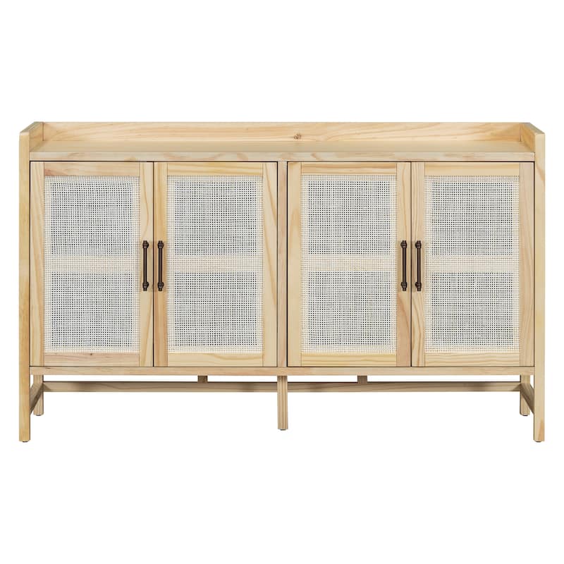 Wood Sideboard with Cane-Inlaid Doors and Adjustable Shelves, Ideal for Farmhouse or Coastal Decor