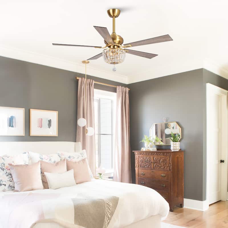 52-inch Brush Gold Wood 5-Blade Crystal LED Ceiling Fan with Remote