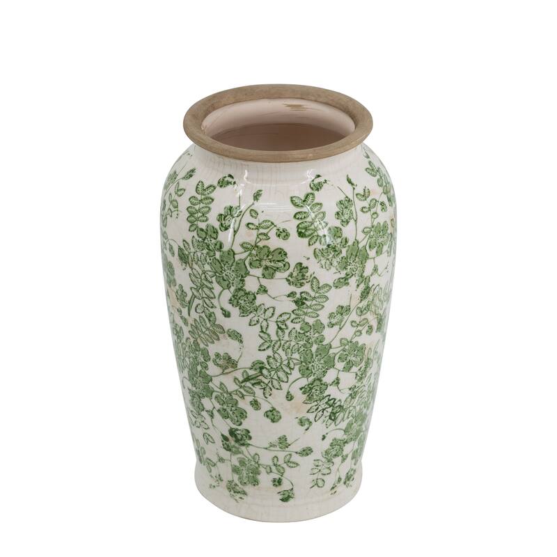 6.5x6.5x11.6" White Ceramic Flower Vase with Green Floral Pattern