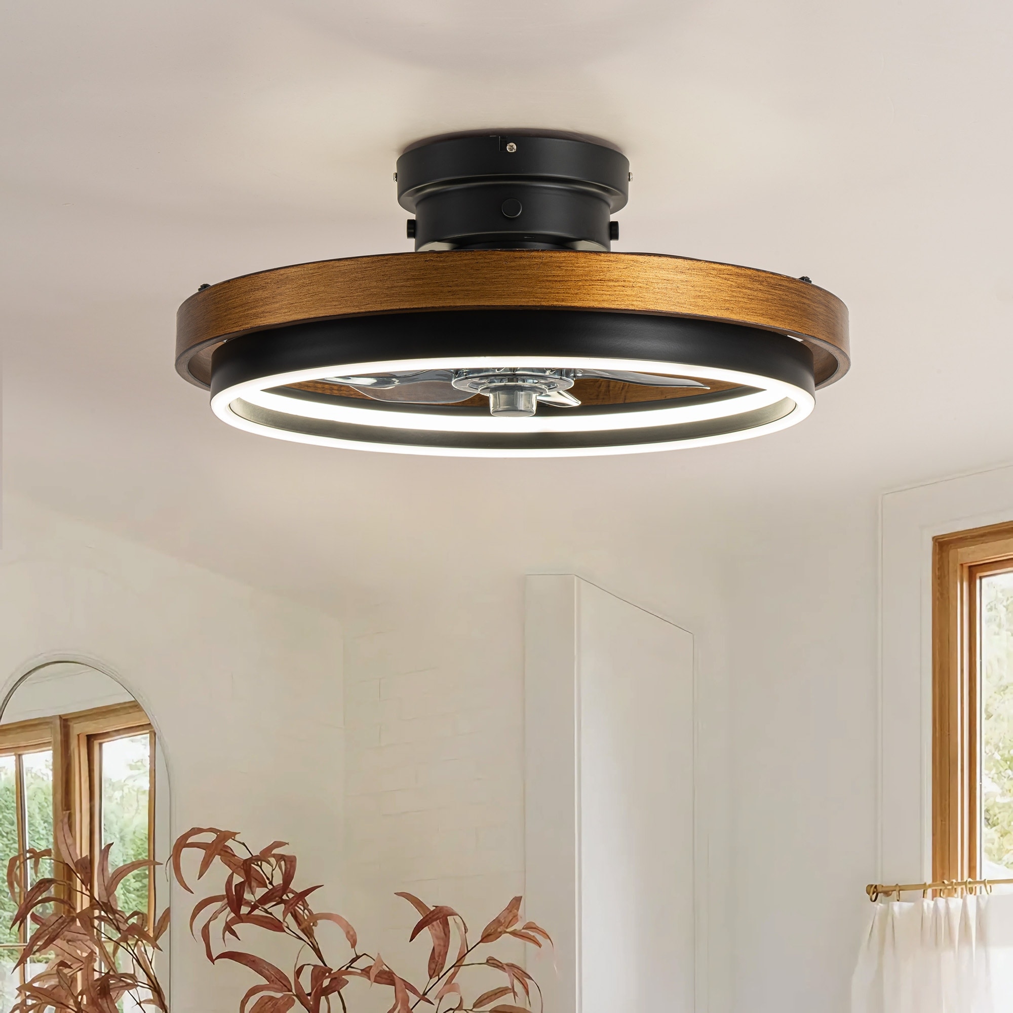 Rennnsan 20" Modern Farmhouse Black LED Semi-Flush Mount Ceiling Fan with Lights for Bedrooms - 19.6 in. W x 7.6 in. H