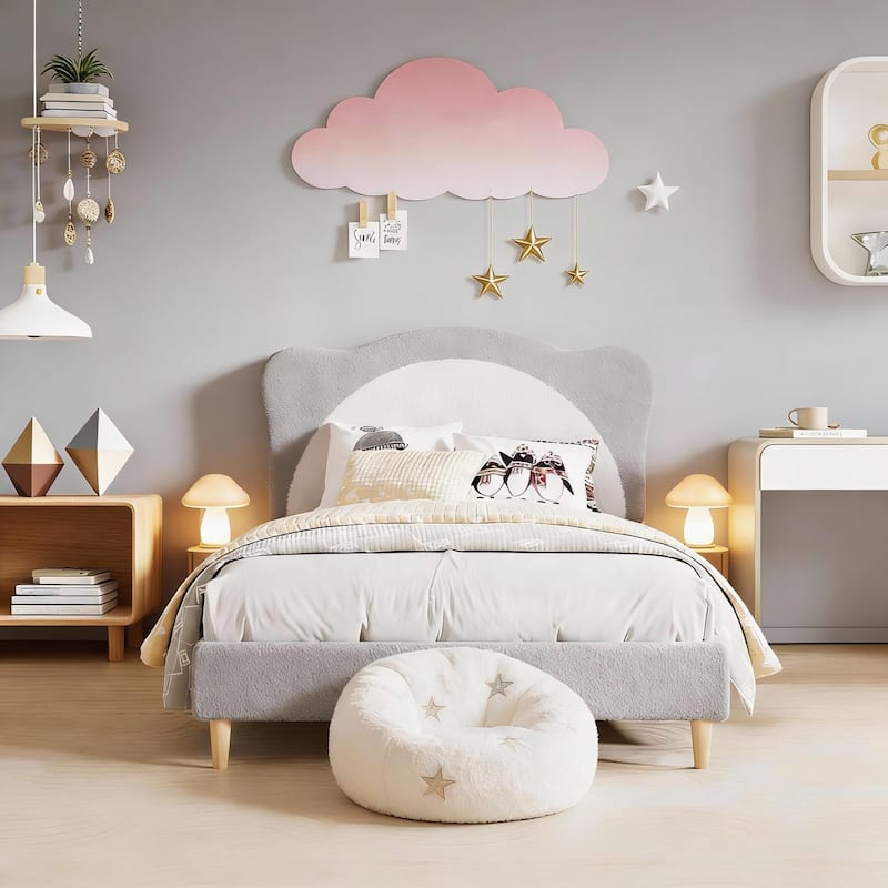 Upholstered Bed Frame, with Panda-Shaped Headboard - Grey+white - Full