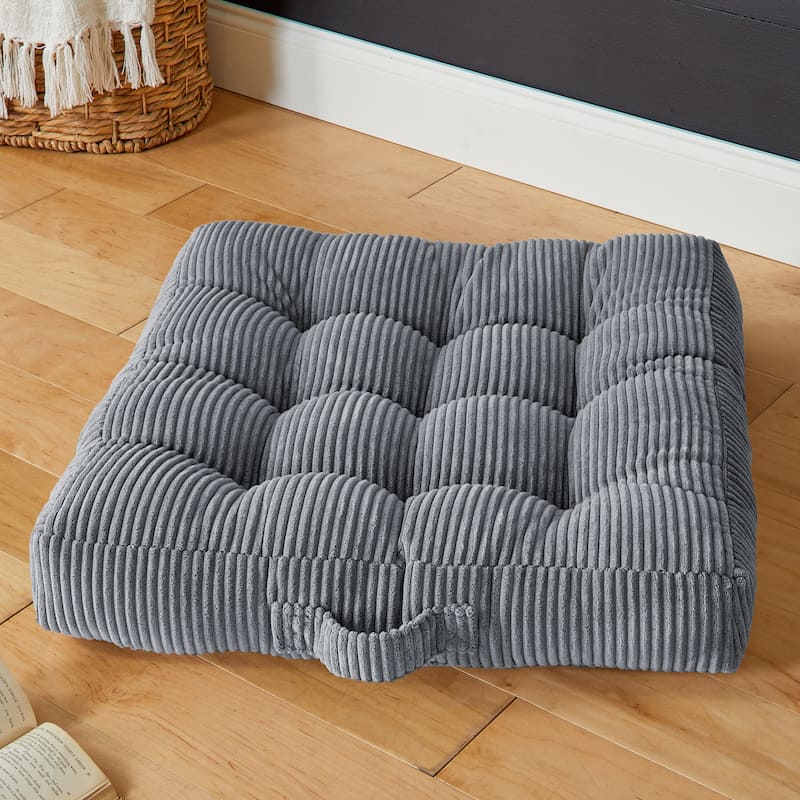 Sorra Home Indoor Soft Corduroy Tufted Square Floor Pillow with Handle - 24 in x 24 in x 5 in - Barrett Light Grey