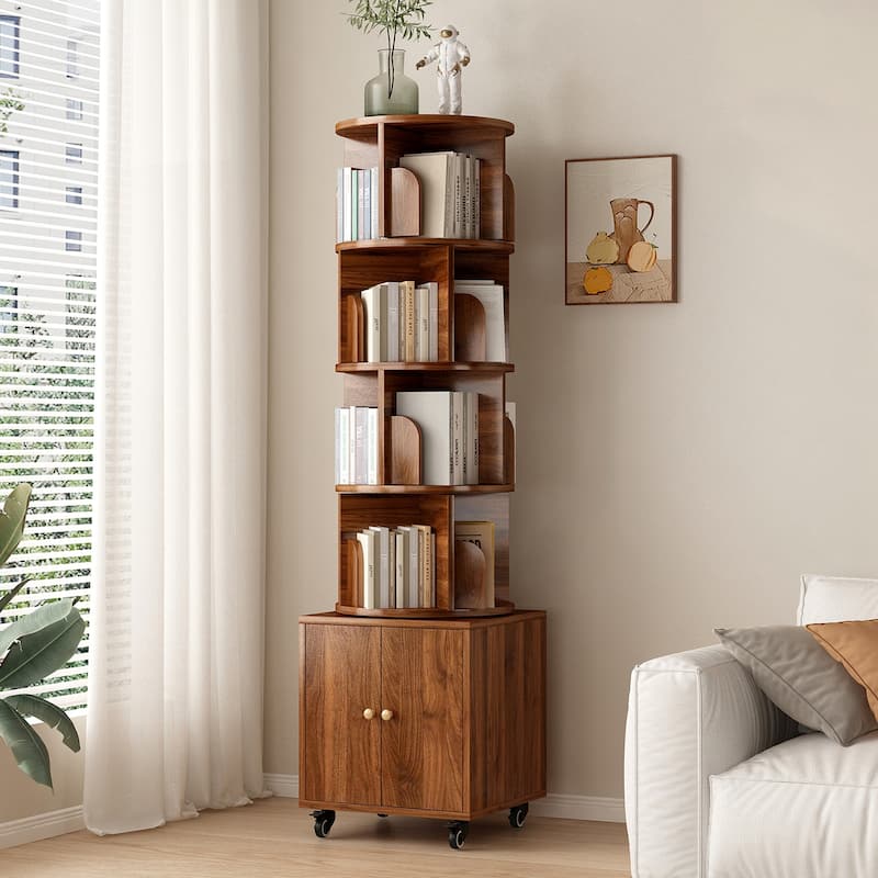 Anmytek 360 Rotating Corner Bookshelf with Wheels Space Saving Storage for Small Rooms