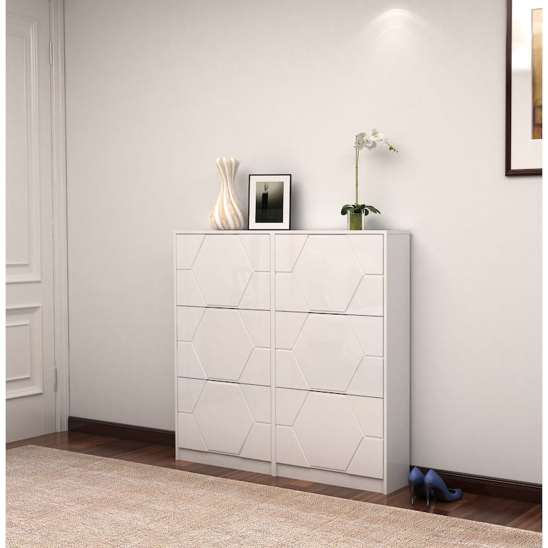Shoe Storage Cabinet for Entryway, 6 Tiers Shoe Organizer with Carved Panels, Carving Shoe Closet,Vertical Shoe Cabinet - White