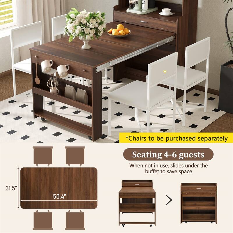 Compact Dining Table with Hutch and Foldable Buffet, Storage Shelf & Side Hooks