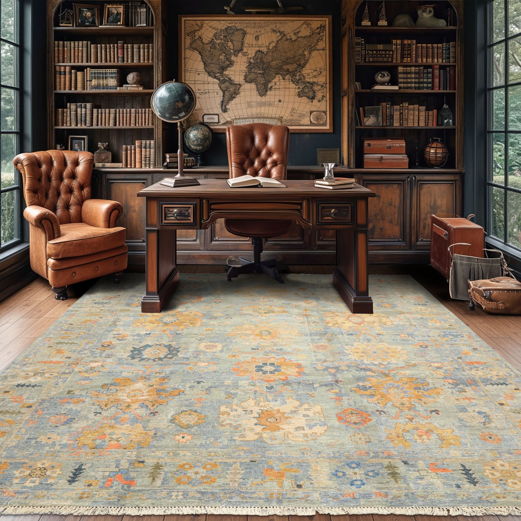 Hand Knotted 8'2''x9'9'' Blue Aqua Wool Oushak Rug - 8' 2'' x 9' 9''