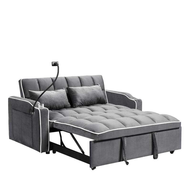 3 in 1 Convertible Sleeper Sofa Bed, Velvet Sleeper Bed with USB Port, Adjustable Backrest & Swivel Phone Stand