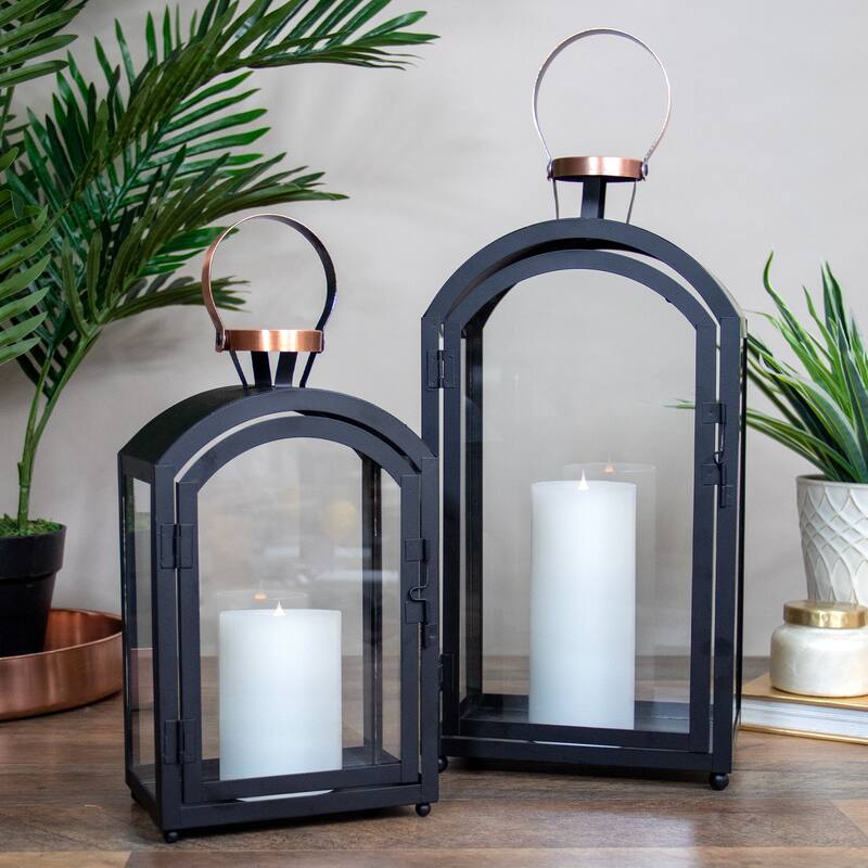 Set of 2 Black Metal Dome Lanterns with Copper Handle 20"