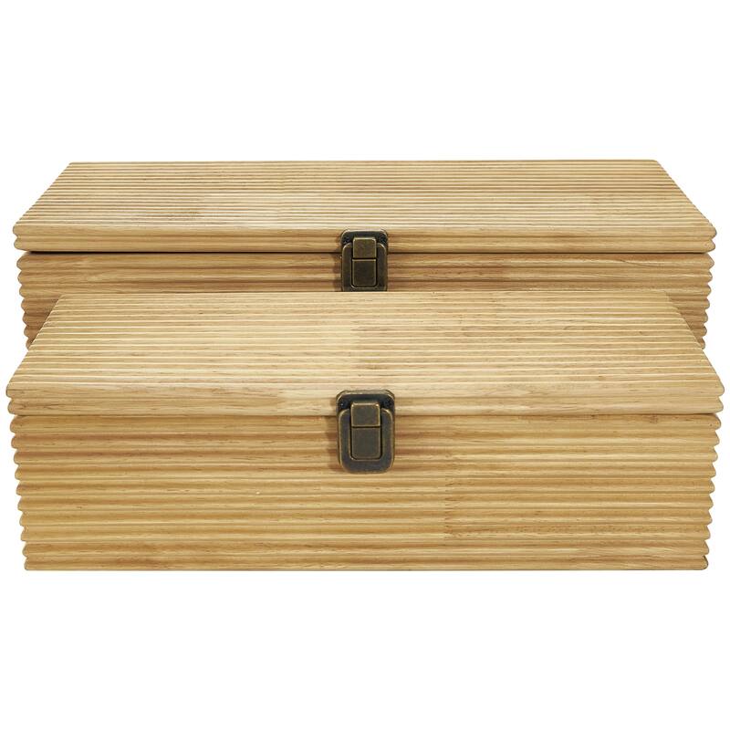 Wood Carved Linear Decorative Box - Set of 2 Light Brown - Roche River Decor