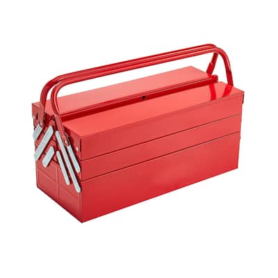18 Inch Red Metal 3-Tier 4 Trays Folding Cantilever Toolbox with Double Handles and Smooth Flip-Top Design