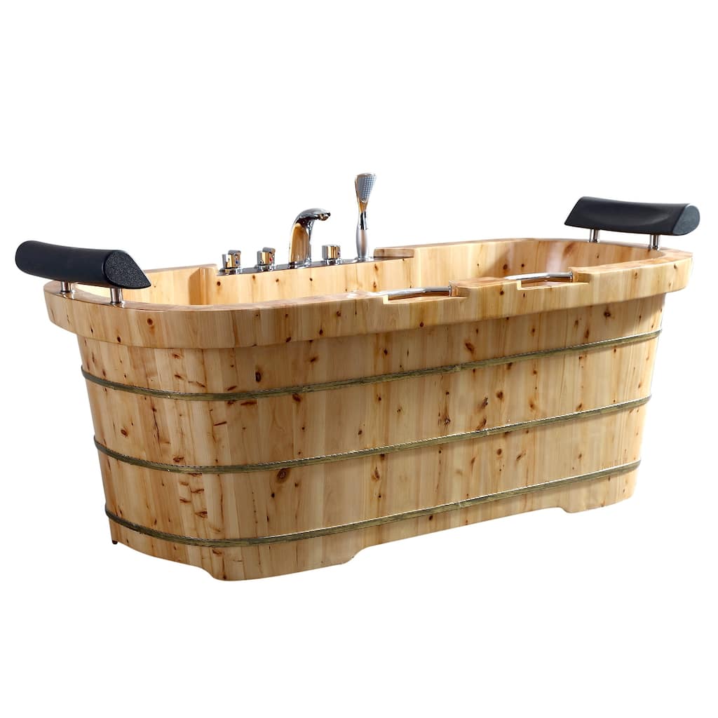 ALFI brand AB1130 65" 2 Person Free Standing Cedar Wooden Bathtub with Fixtures & Headrests - Brown