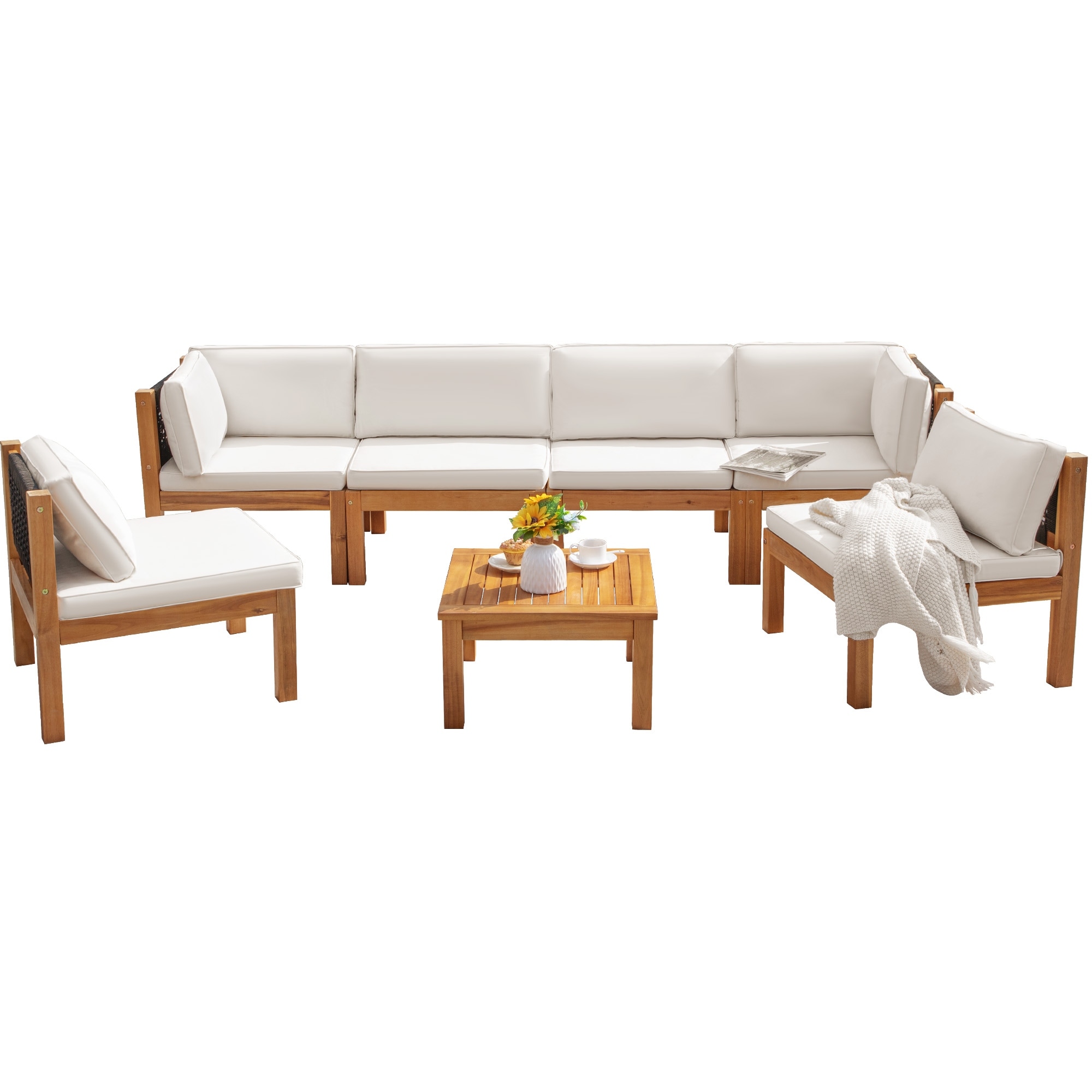Furniwell 7-Piece Patio Furniture Set - Acacia Wood & Rattan