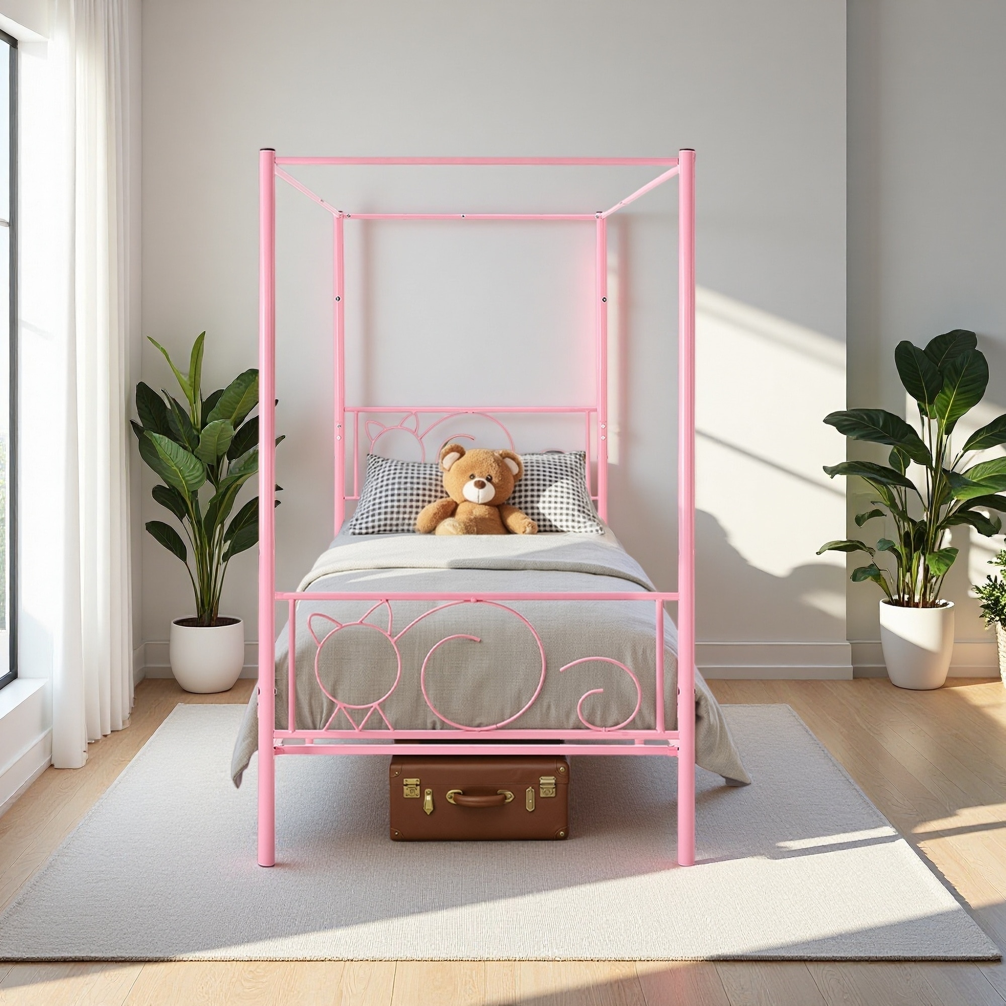 Twin Size Metal Canopy Bed Frame with Headboard, Four Posters & Under-Bed Storage