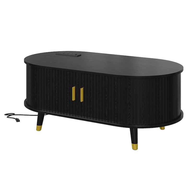 42.5"W Wooden Oval Fluted Coffee Table with Charging Station