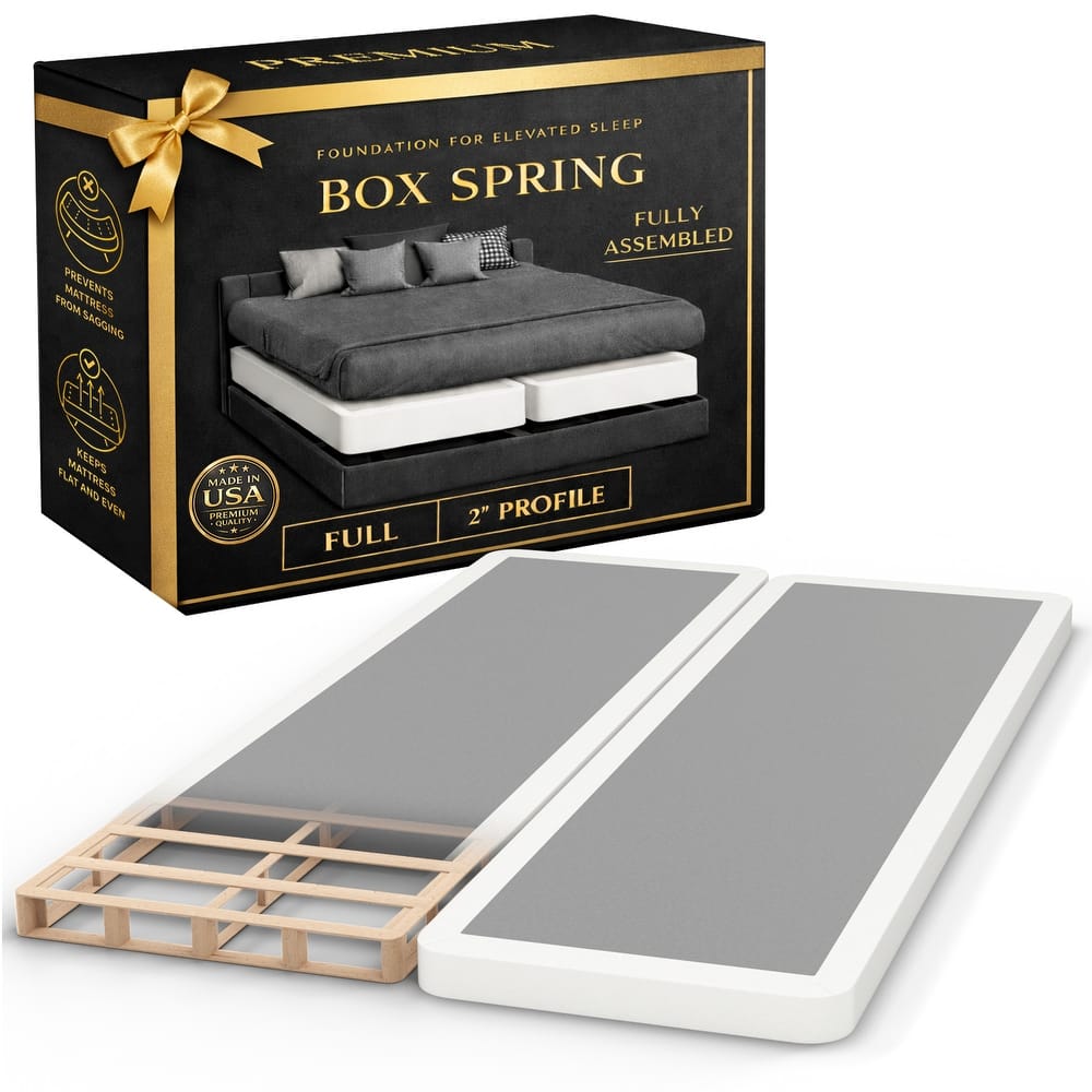 Box Spring Bed Base, 2" Wood Foundation, Quiet Noise Free, 2-Pieces Under Mattress-Support Box Spring, Fully Assembled, White