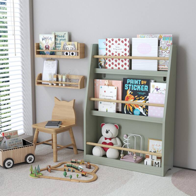 Anmytek 3-Tier Kids Wall Bookshelf with Slanted Front & Guardrails, Pastel Finish Wooden Display for Bedroom