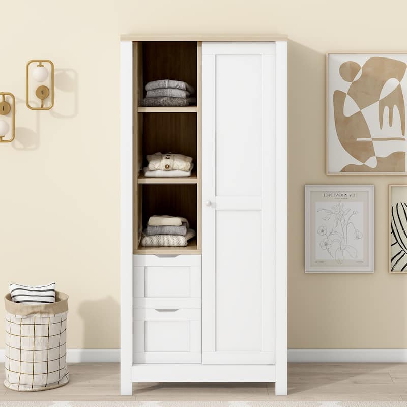White Sliding Door Wardrobe Storage Cabinet w/ Hanging Rods & Drawers