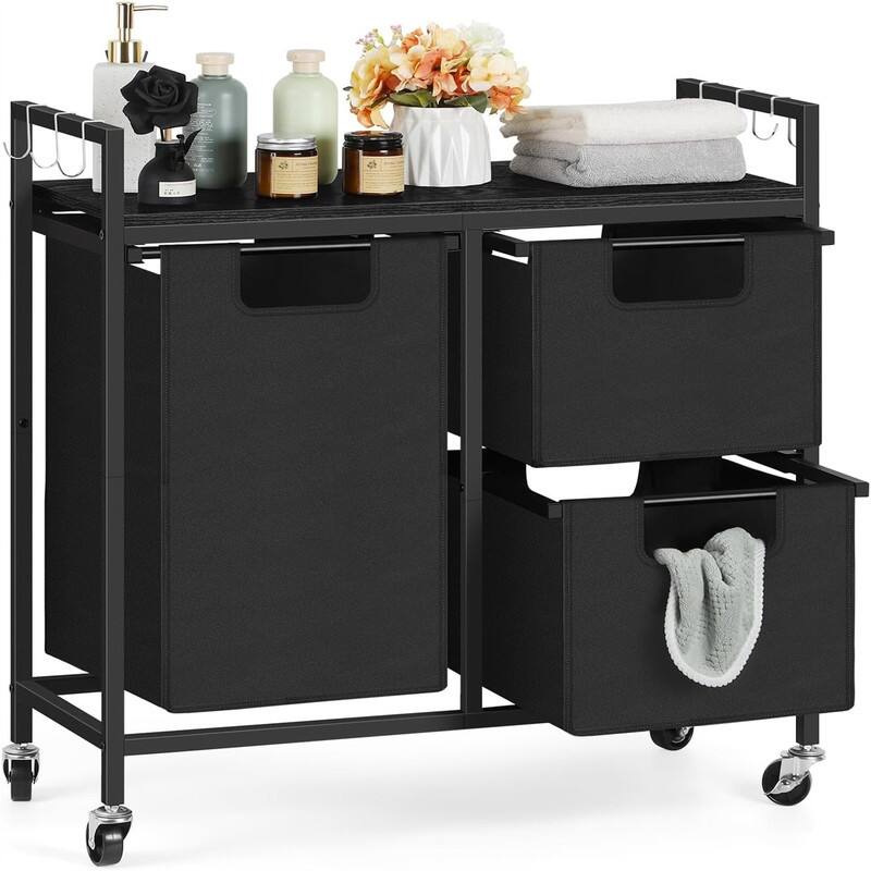 Laundry Hamper 3 Section with Wheels - 29.4"L x 11.8"W x 29.6"H - Matte Black