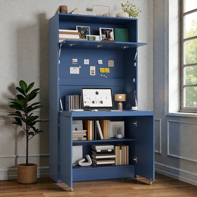 Compact Kitchen Pantry Cabinet with Hutch, Foldable Workstation, Power Outlet, 69 Inch Buffet Storage