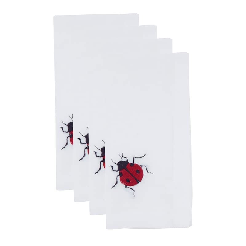 Embroidered Ladybug Cotton-Look Napkins (Set of 4) - Whimsical Nature Motif for Everyday Tables, 20"x20"