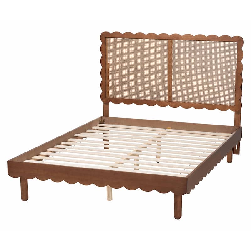 Orianthe Scalloped Platform Bed with Woven Rattan Headboard - Solid Wood Bed Frame with Curved Edge Design, Queen Size