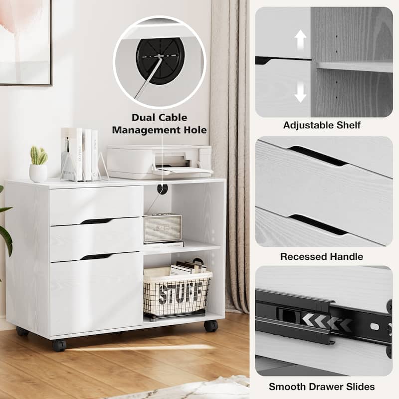 Rossetta Modern Minimalist Design 3-Drawer Mobile Rolling Lateral Multifunction File Cabinet - White