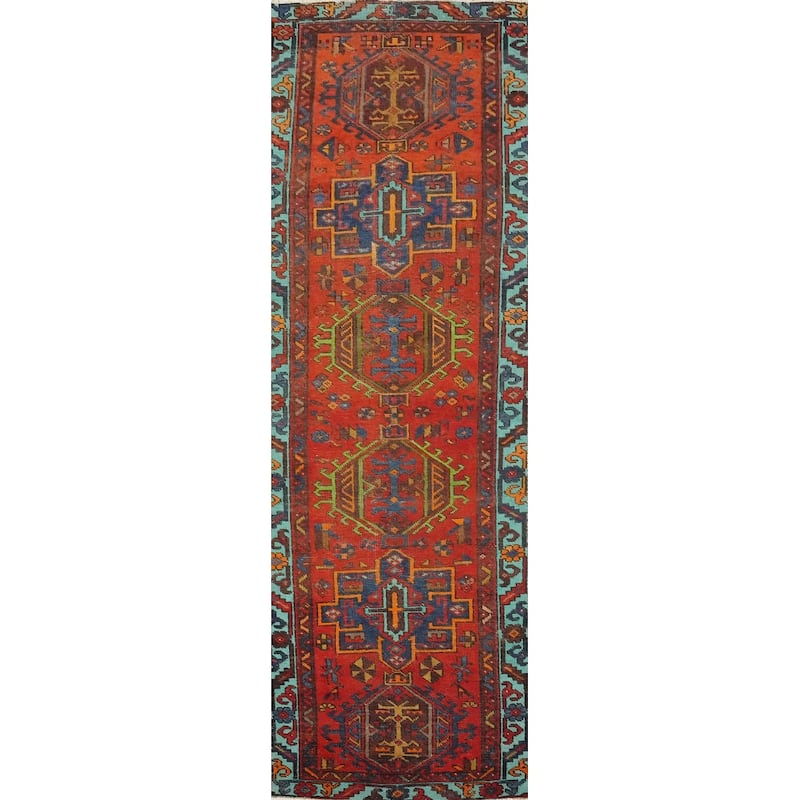 Hand Knotted Oriental 100% Wool Carpet Traditional Geometric Oranges & Rust Heriz Runner Rug - 10' 6'' X 2' 7''