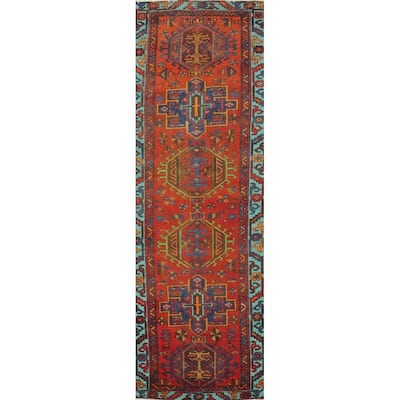 Hand Knotted Oriental 100% Wool Carpet Traditional Geometric Oranges & Rust Heriz Runner Rug - 10' 6'' X 2' 7''