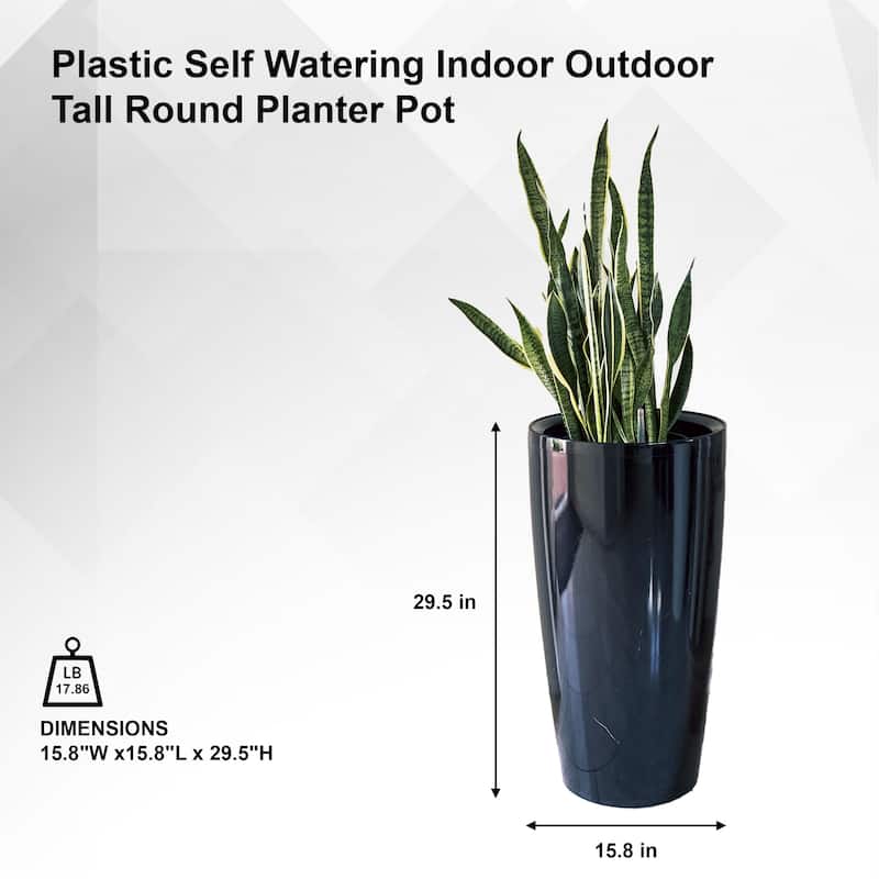 XBrand 29.5" H Plastic Self Watering Indoor Outdoor Tall Round Planter Pot, Decorative Gardening Pot, Home Décor Accent