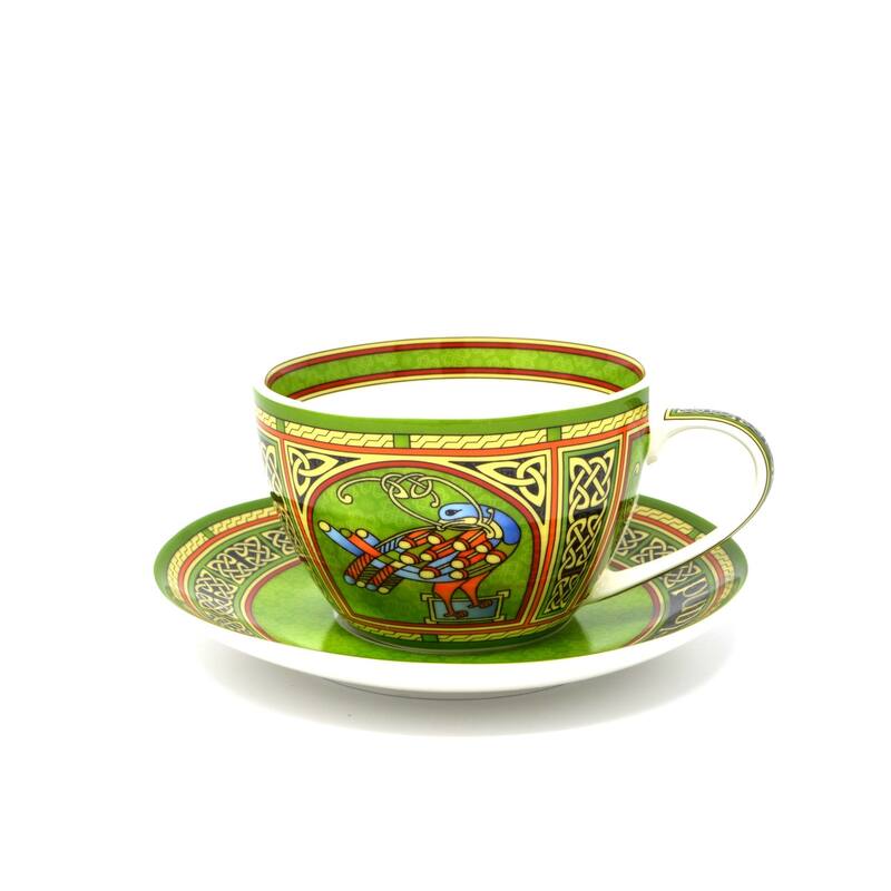 10.5oz Multicolor Bone China Celtic Cup and Saucer Set with Peacock and Knot Design