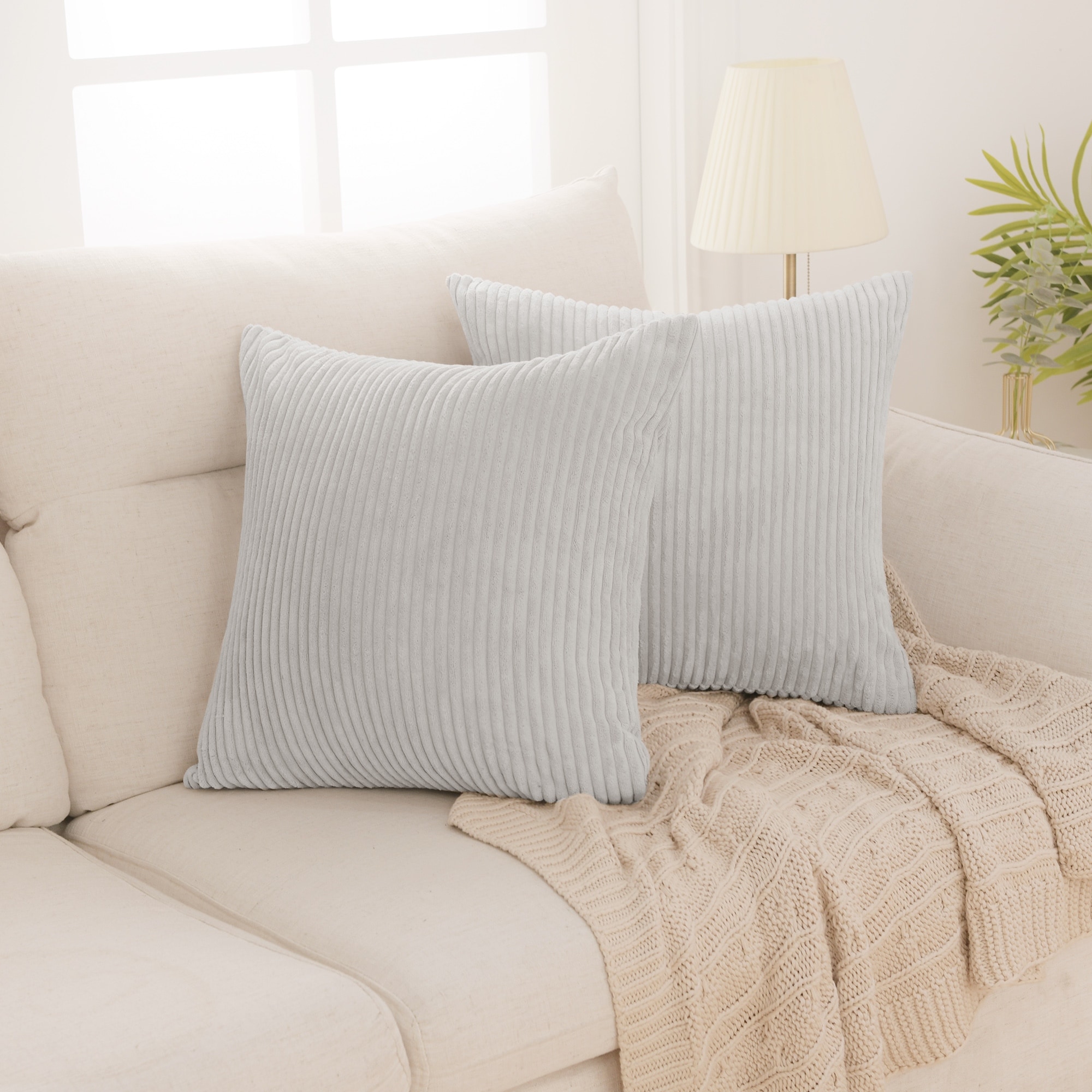 Deconovo Soft Corduroy Throw Pillow Covers 16x16 Inch 2 Pieces in Cream  White with Stripe Pattern Bundle with 2 Pack 18x18 Pillow Inserts for Couch