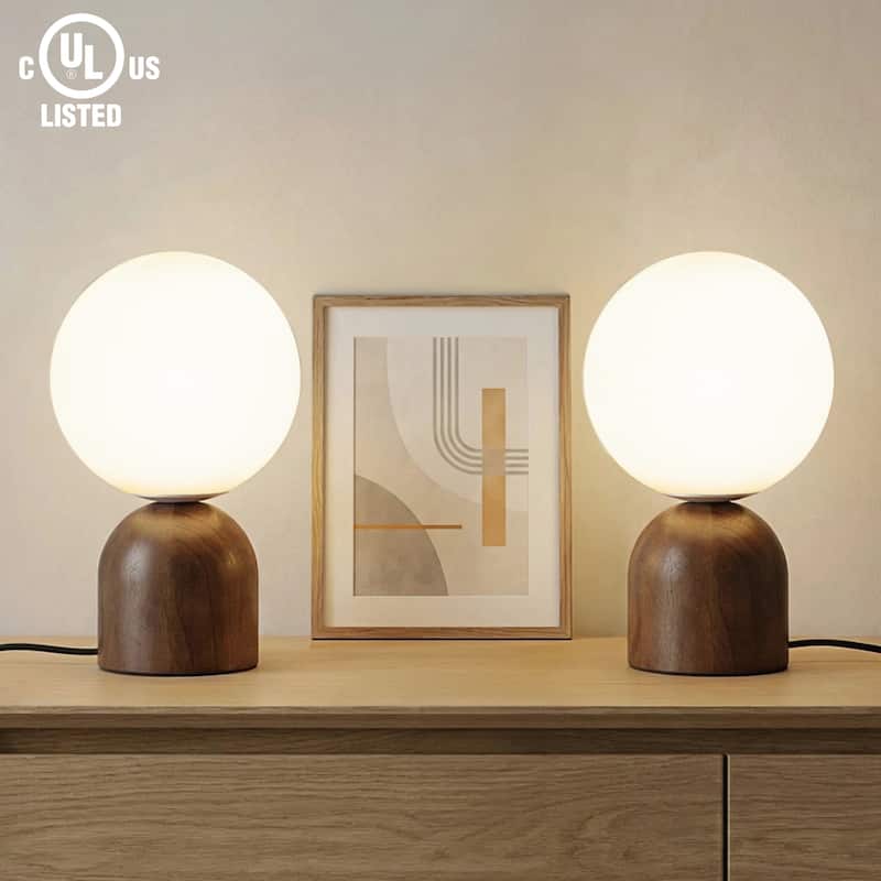 9.84'' Modern Opal Glass Globe Table Lamp with Solid Rubber Wood Base, Rotary Dimmer Switch (Bulb Not Included)
